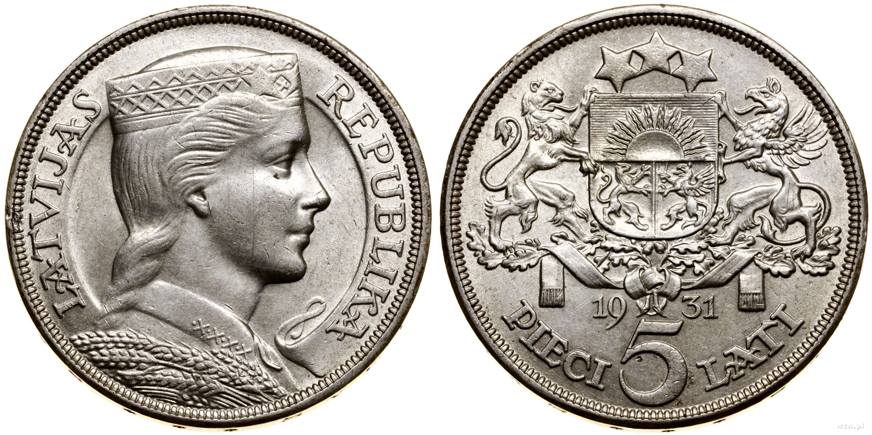 5 łatów 1931, Londyn, srebro próby 835, 25.02 g,