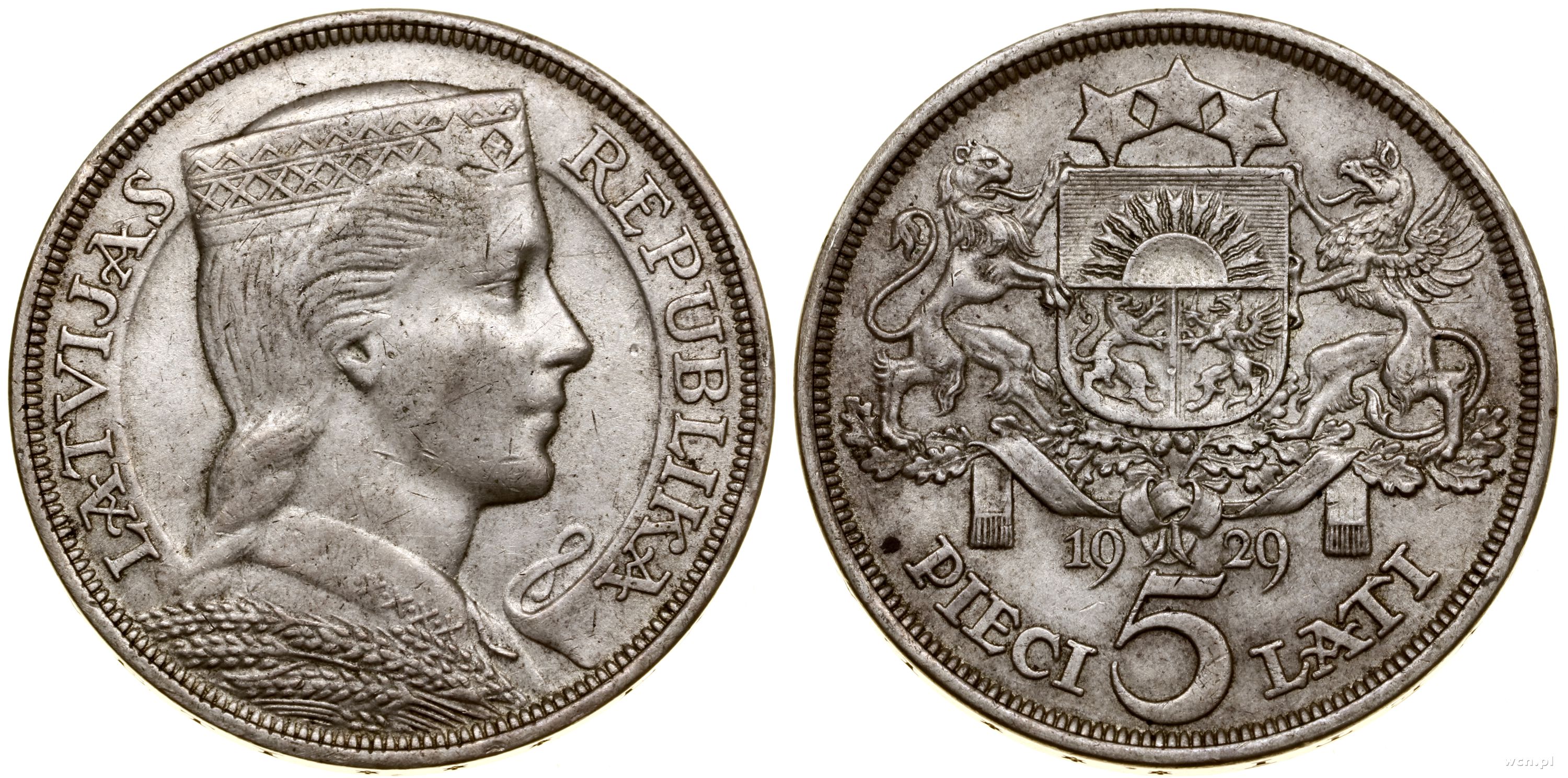 5 łatów 1929, Londyn, srebro próby 835, 24.99 g,