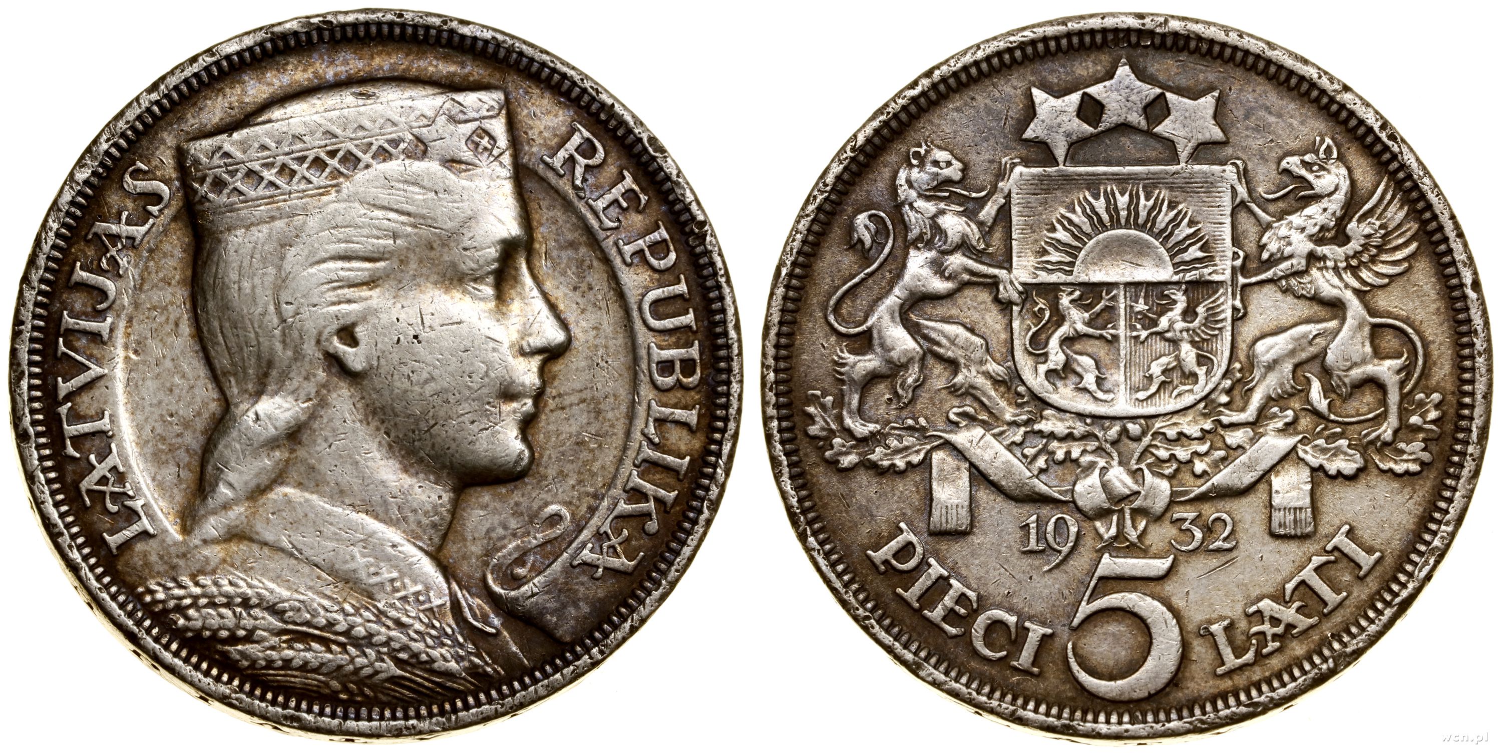 5 łatów 1932, Londyn, srebro próby 835, 24.99 g,