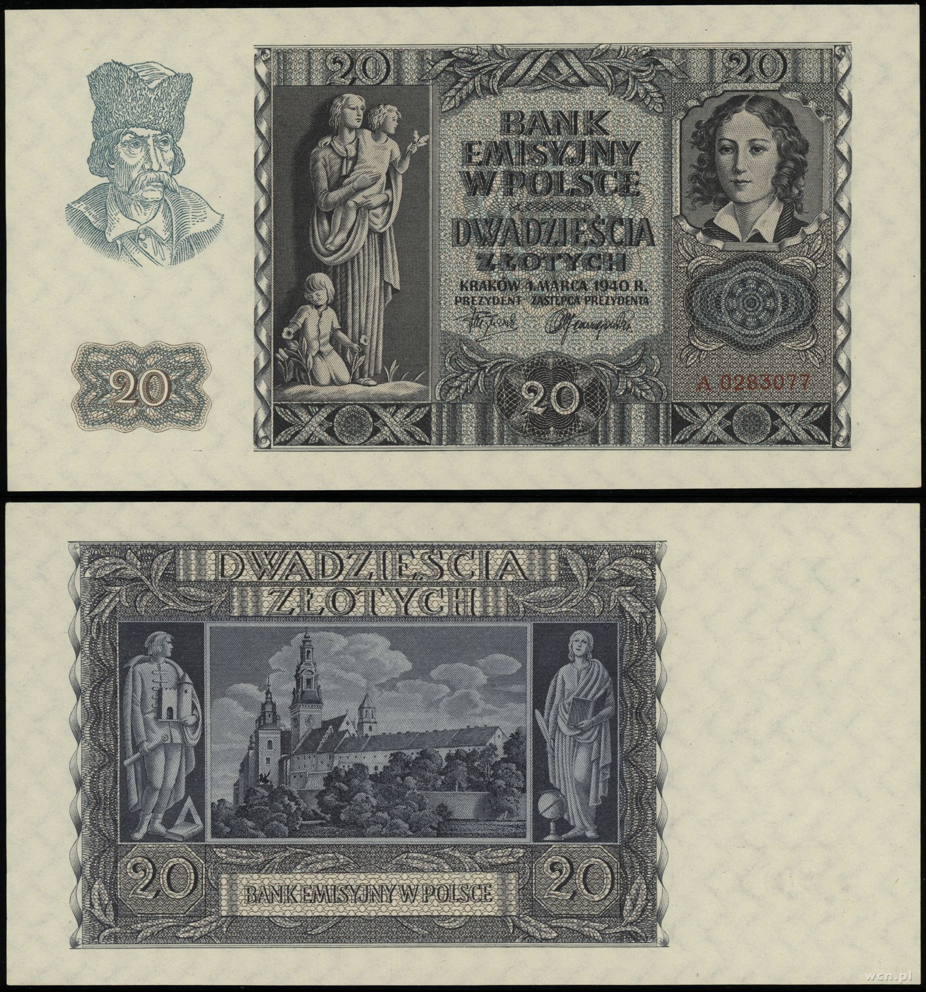 20 złotych 1.03.1940, seria A, numeracja 0283077