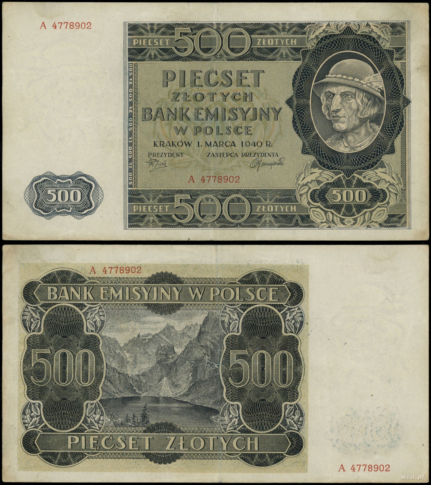 500 złotych 1.03.1940, seria A, numeracja 477890