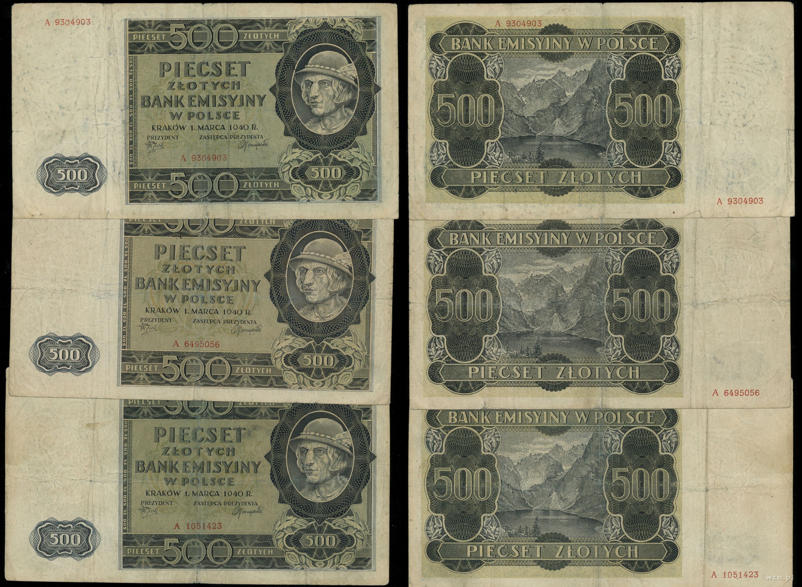 zestaw: 3 x 500 złotych 1.03.1940, seria A, raze