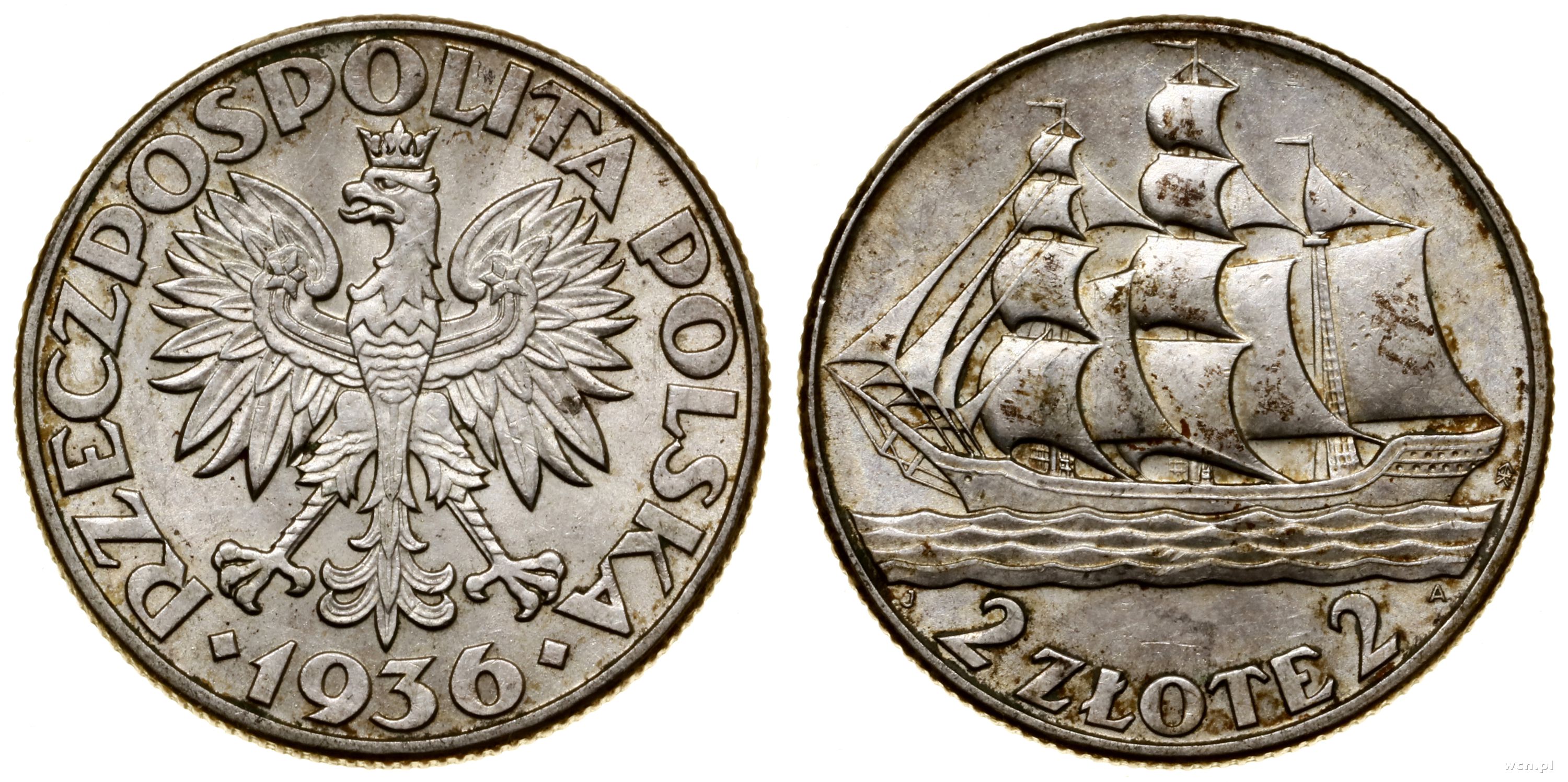 2 złote 1936, Warszawa, Żaglowiec, patyna, bardz