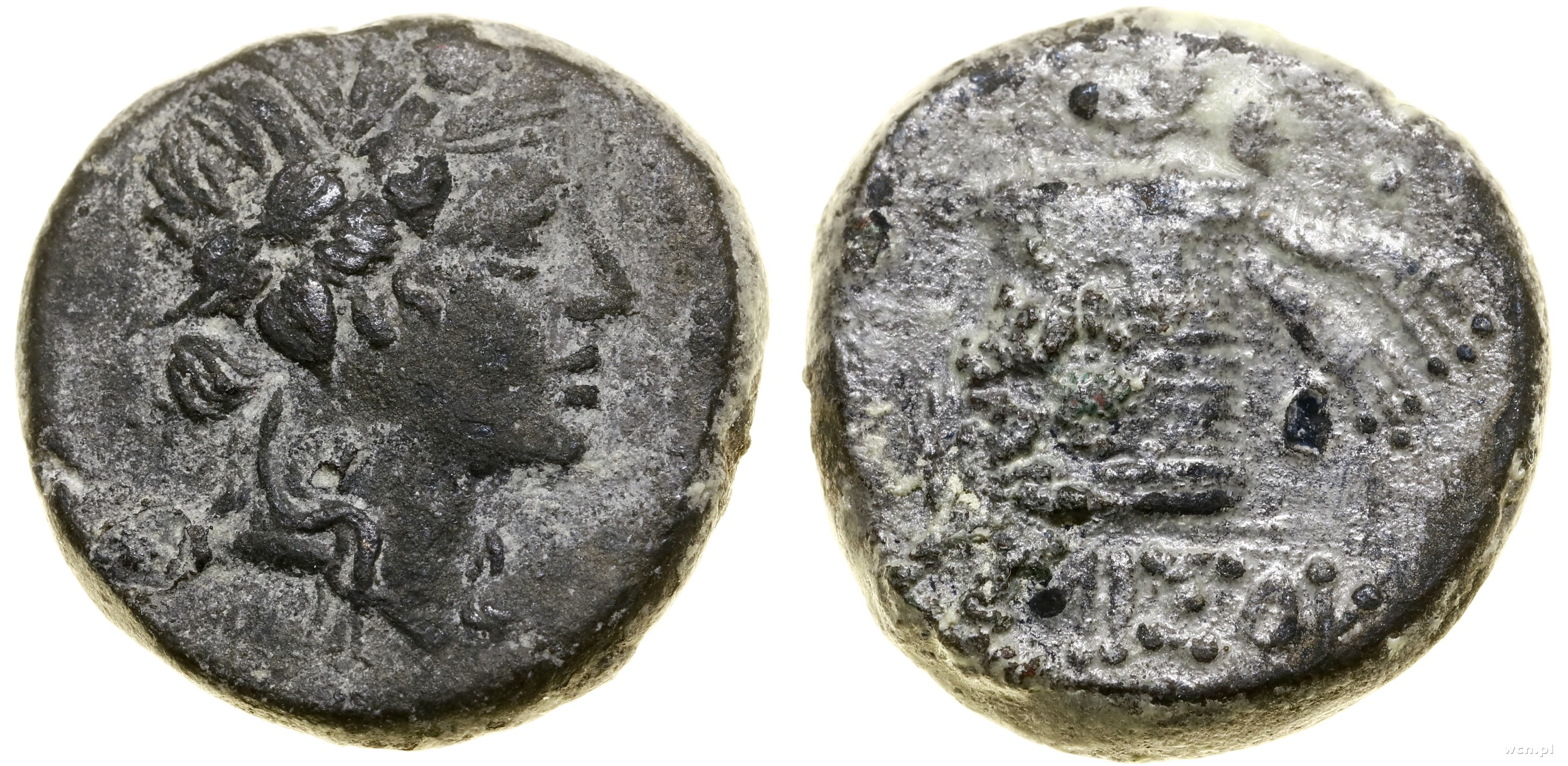 brąz 85–65 pne, Aw: Głowa Dionizosa w prawo, na 