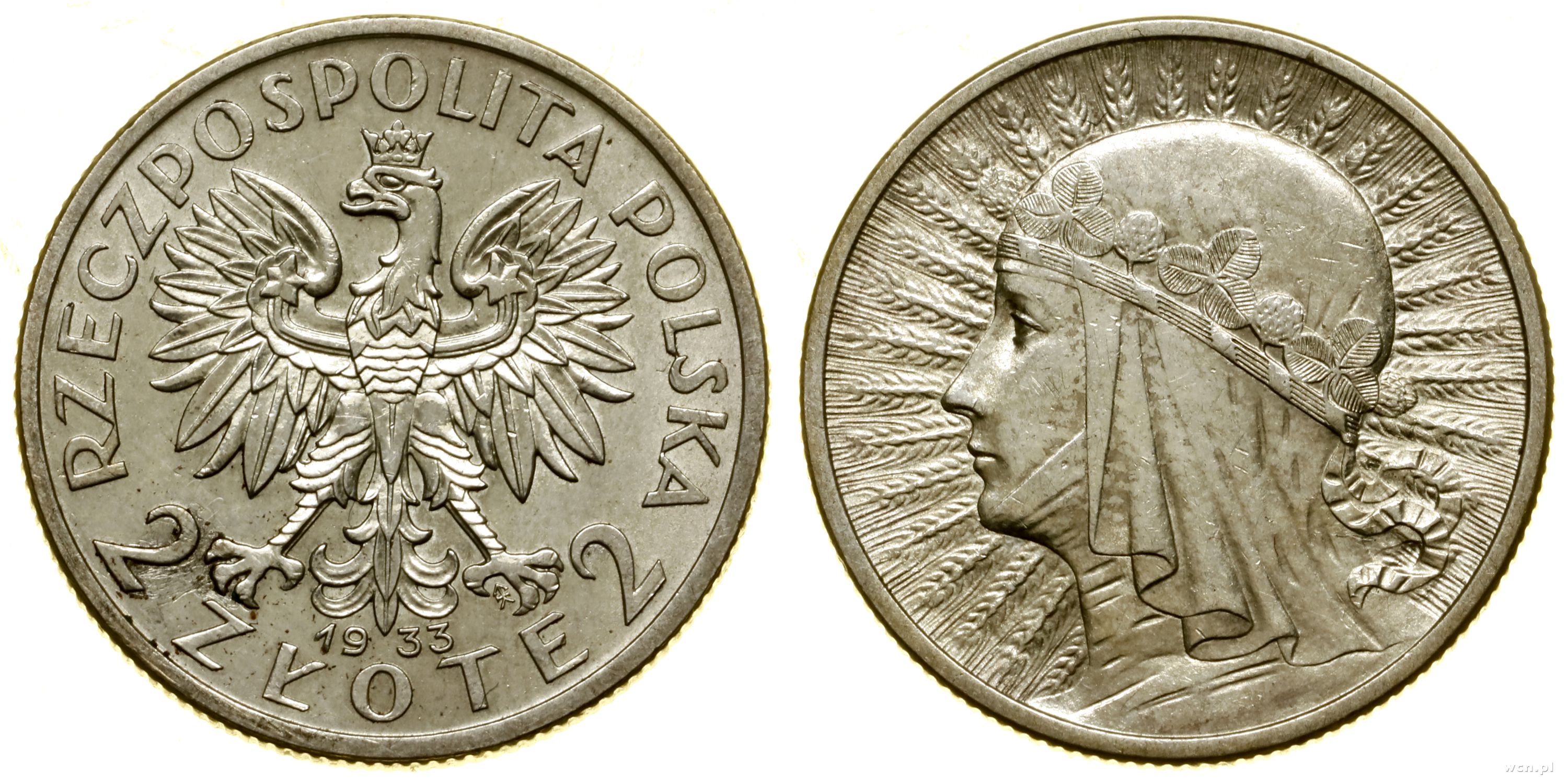 2 złote 1933, Warszawa, głowa kobiety w czepcu, 