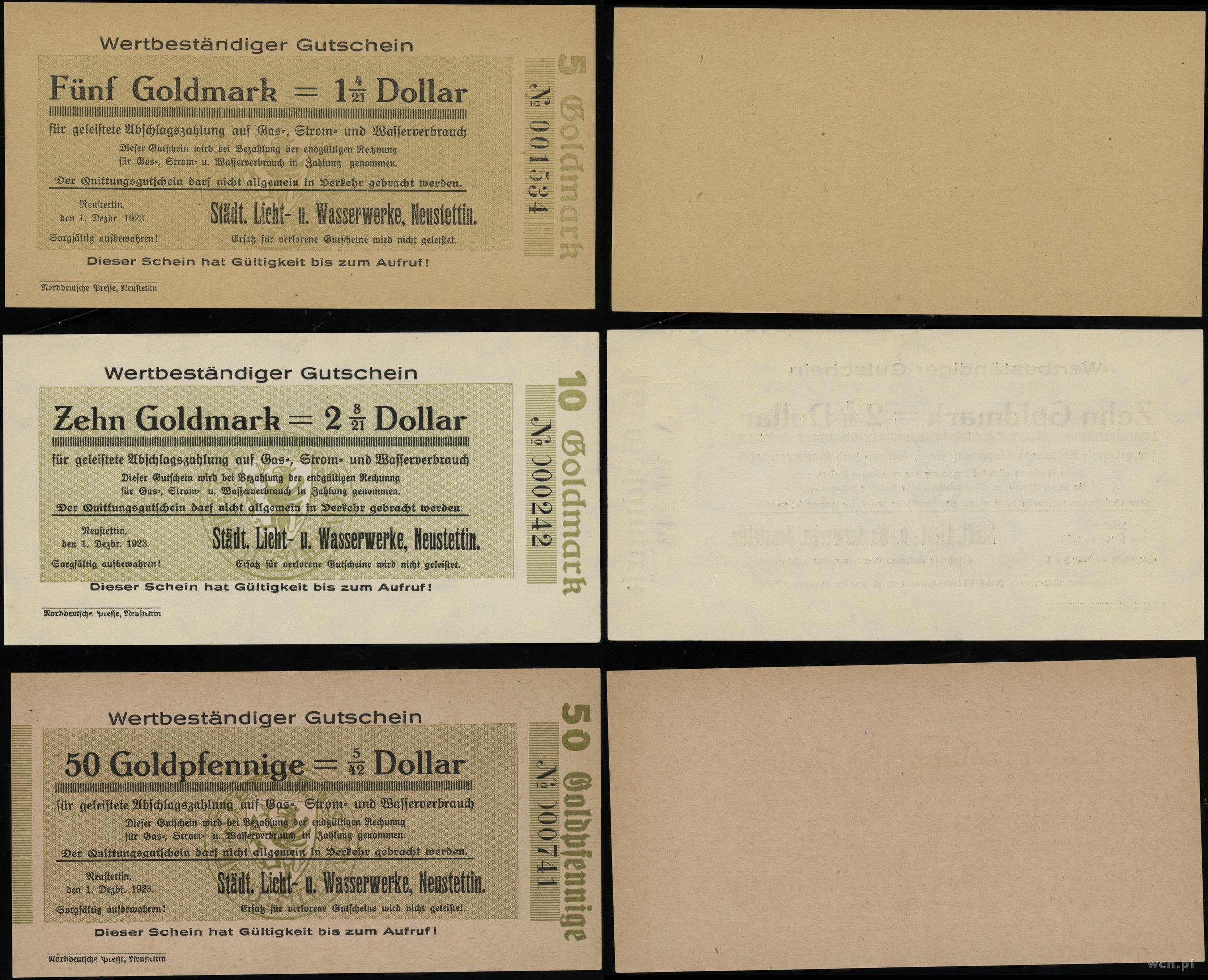 zestaw 3 banknotów 1.12.1923, 50 goldfenigów = 5