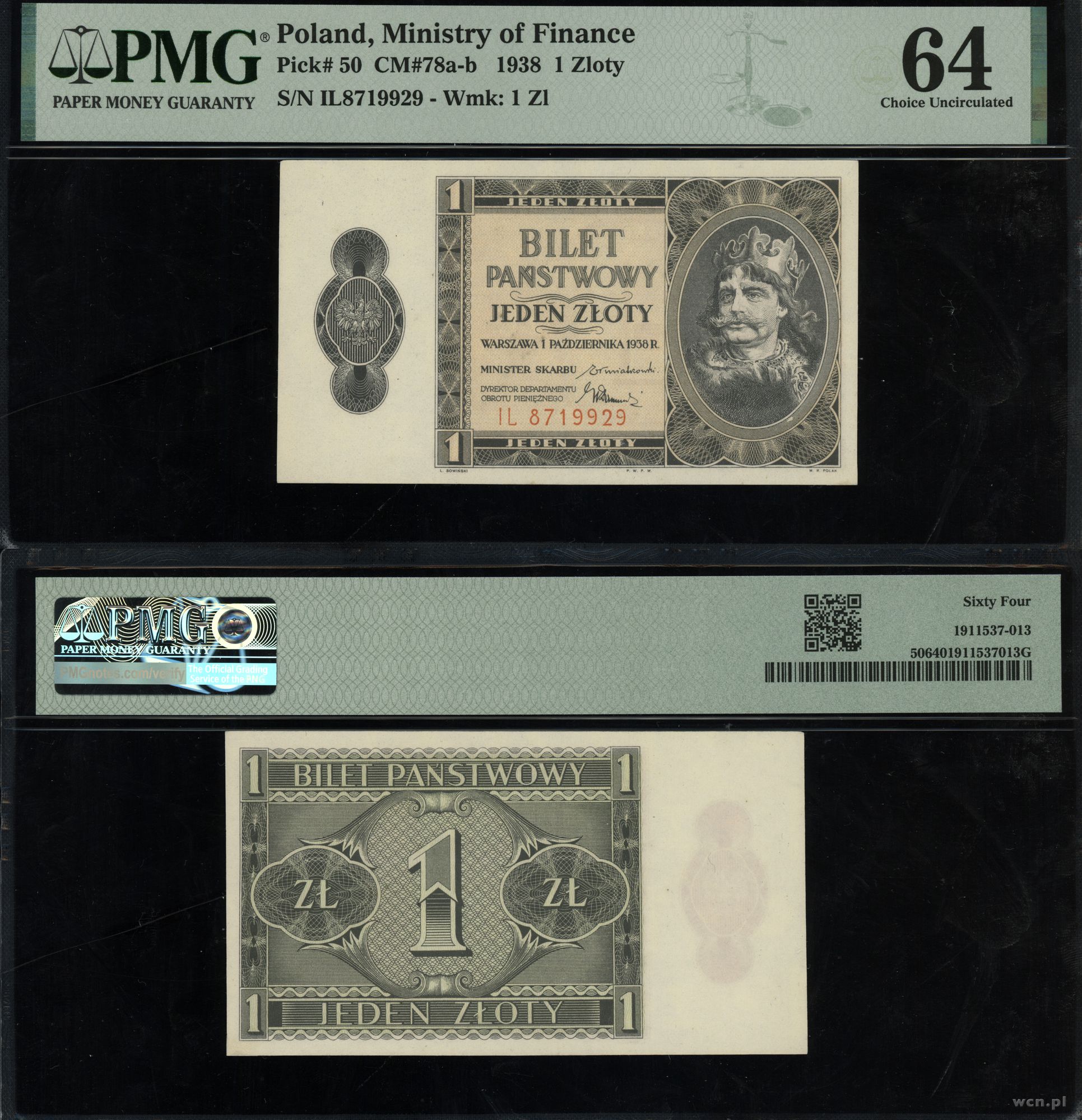1 złoty 1.10.1938, seria IL, numeracja 8719929, 