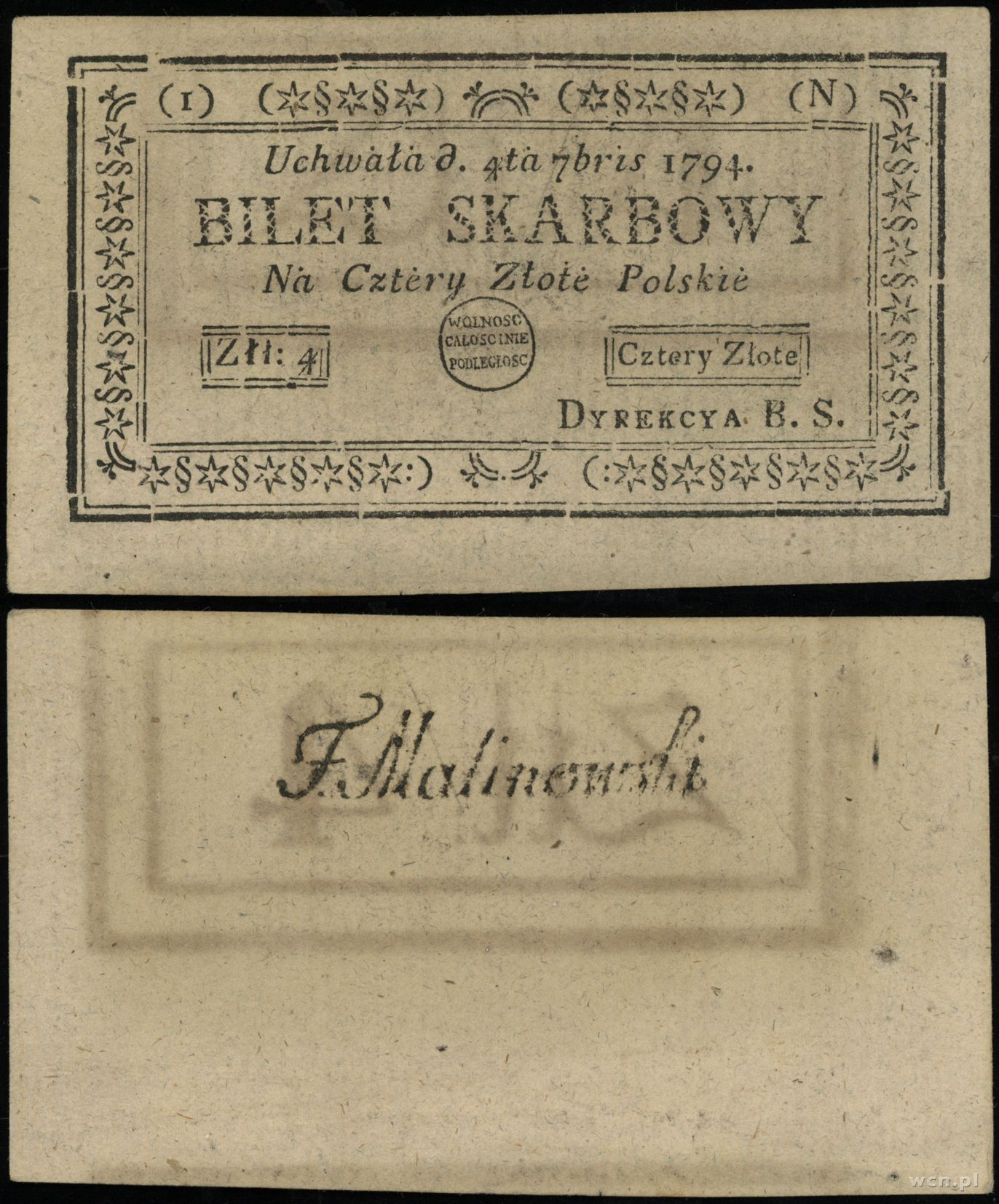 4 złote polskie 4.09.1794, seria 1-N, mikrodziur