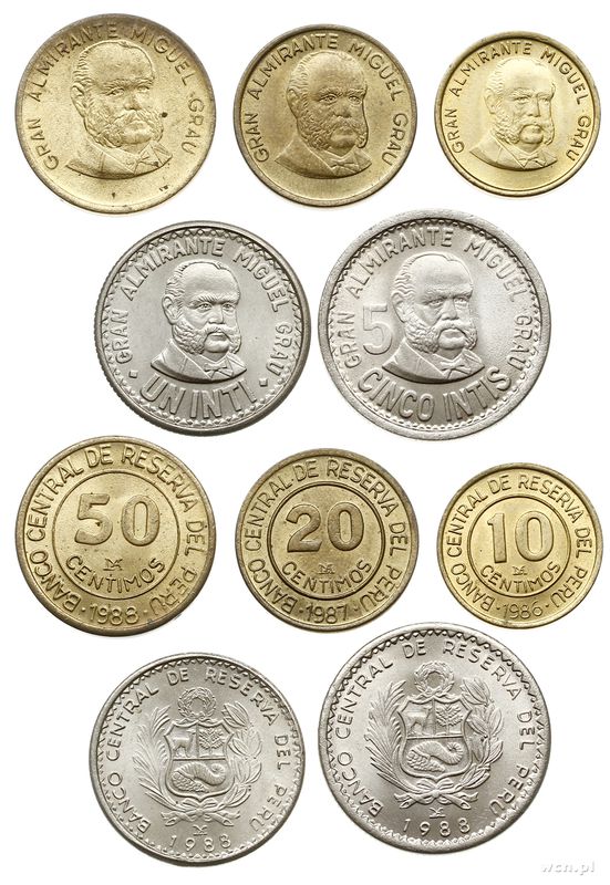 Peru, 10, 20, 50 centów, 1 i 5 intis, 1986, 1987, 1988
