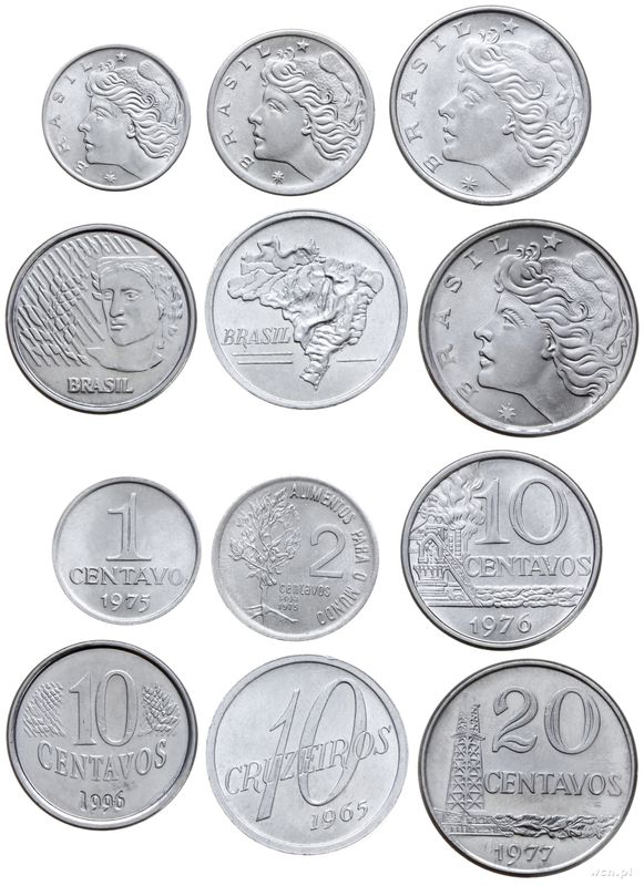 Brazylia, zestaw: 1 centavo 1975, 2 centavos 1975, 10 centavos 1976, 10 centavos 1996, 20 centavos 1977 i 10 cruzeiros 1965
