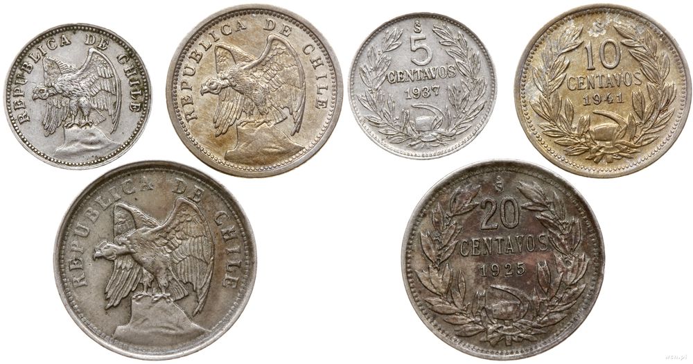 Chile, zestaw: 5 centavos 1937, 10 centavos 1941 i 20 centavos 1925