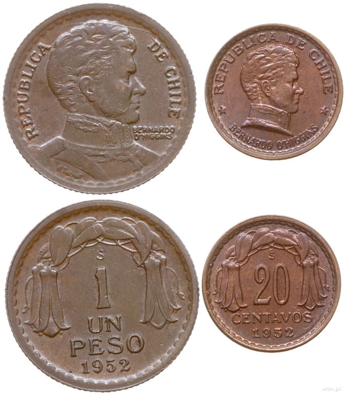 Chile, zestaw: 20 centavos i 1 peso, 1952