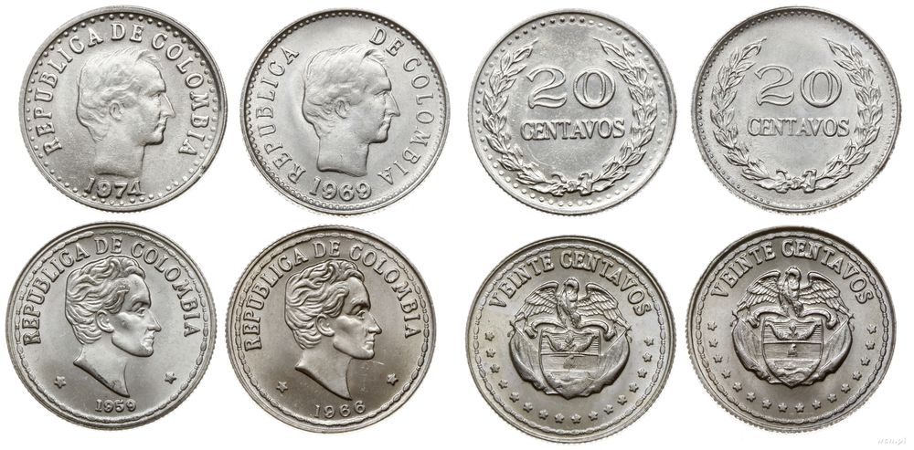 Kolumbia, zestaw: 4 x 20 centavos, roczniki: 1959, 1966, 1969, 1974