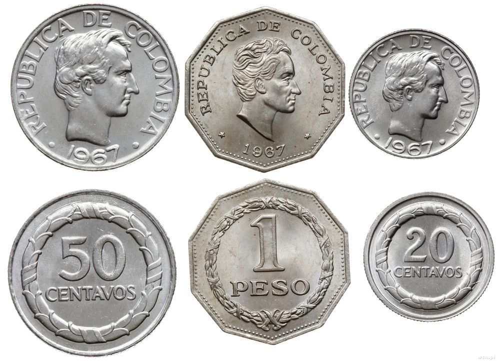 Kolumbia, zestaw: 20 centavos, 50 centavos i 1 peso, 1967