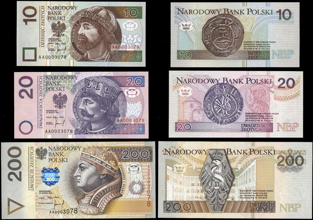 Polska, 10, 20 i 200 złotych, 25.03.1994
