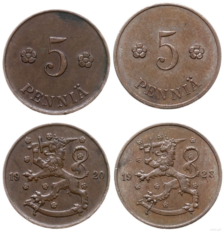 Finlandia, zestaw: 2 x 5 penniä, 1920 i 1928