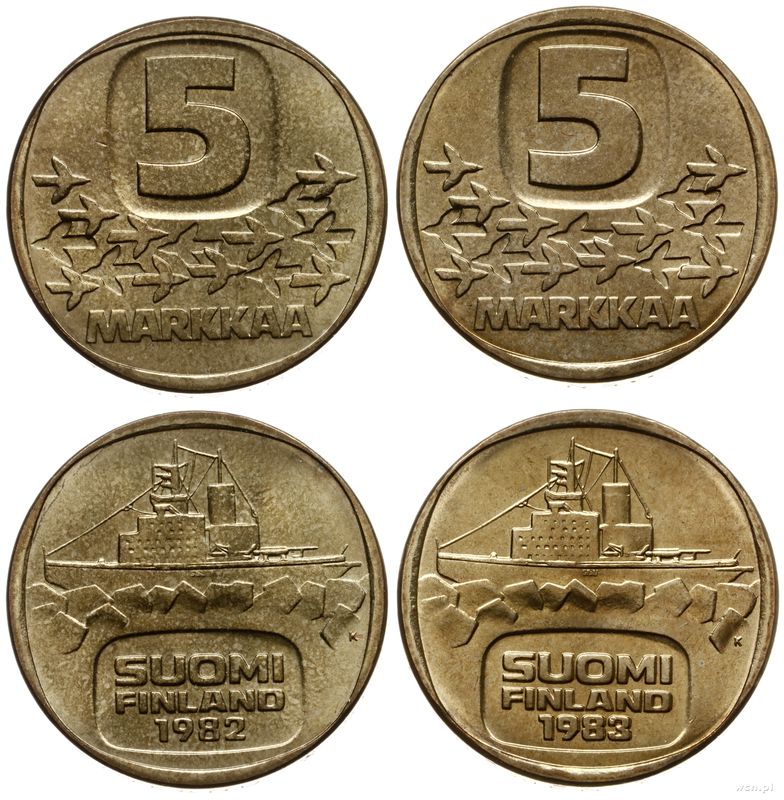 Finlandia, zestaw: 2 x 5 marek, 1982 i 1983