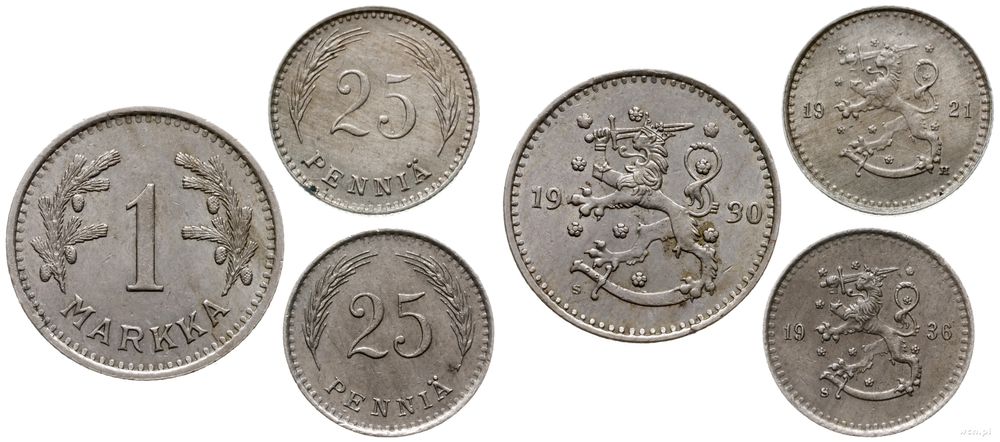 Finlandia, zestaw: 25 penniä 1921, 25 penniä 1936, 1 marka 1930