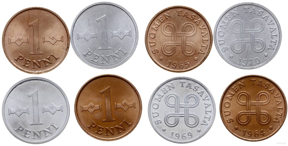 Finlandia, zestaw: 4 x 1 penni, 1964, 1965, 1969, 1970