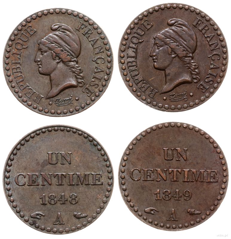 Francja, zestaw: 2 x 1 centym, 1848 i 1849