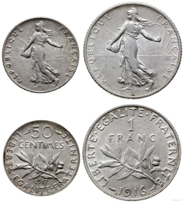 Francja, zestaw: 50 centymów 1917 i 1 frank 1916
