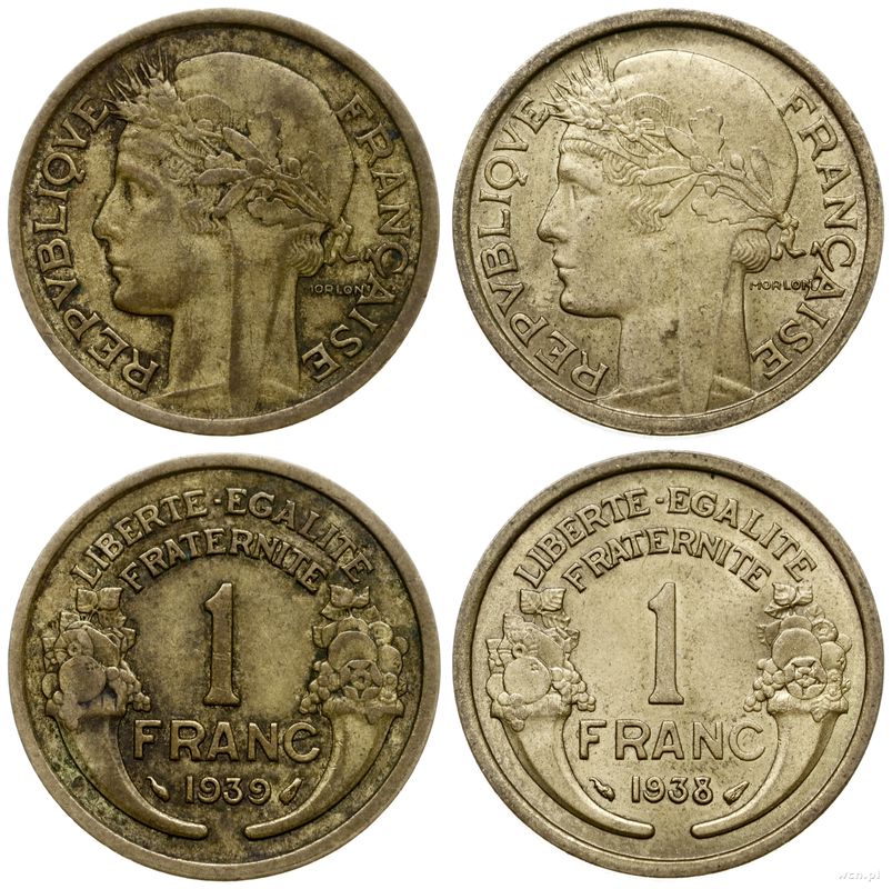 Francja, zestaw: 2 x 1 frank, 1938 i 1939