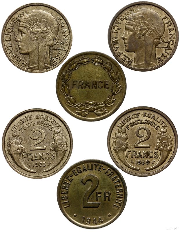 Francja, zestaw: 3 x 2 franki, 1933, 1939, 1944