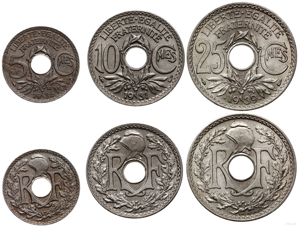 Francja, zestaw: 5 centimes 1936, 10 centimes 1931, 25 centimes 1939