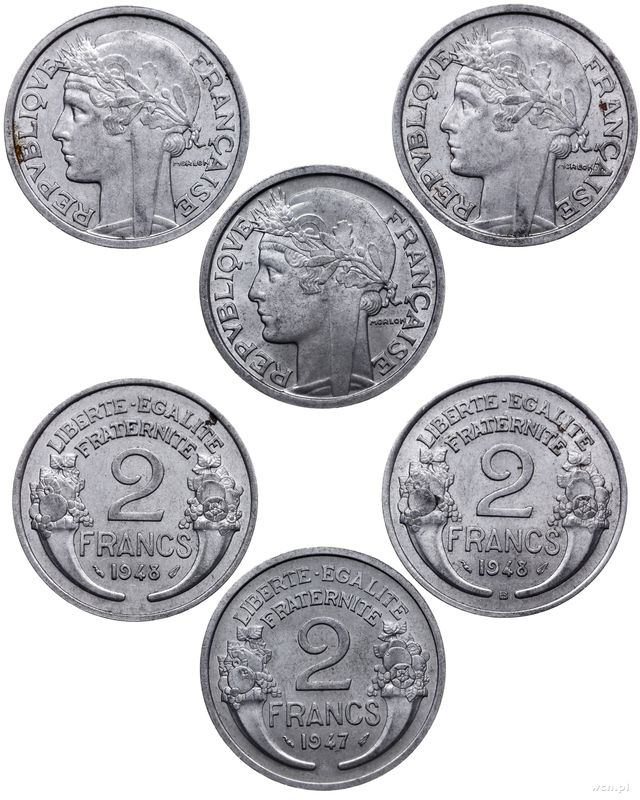 Francja, zestaw: 3 x 2 franki, 1947, 1948 i 1948 B