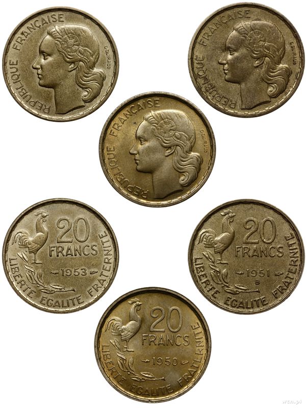 Francja, zestaw: 3 x 20 franków, 1950, 1953 i 1951 B