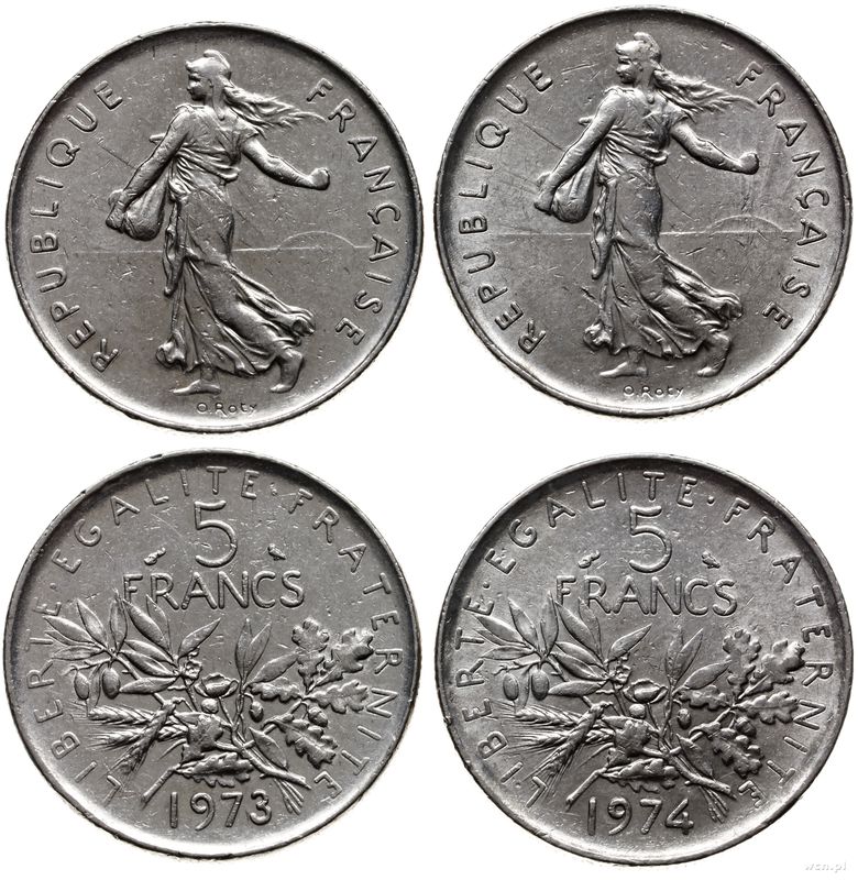 Francja, zestaw: 2 x 5 franków, 1973 i 1974