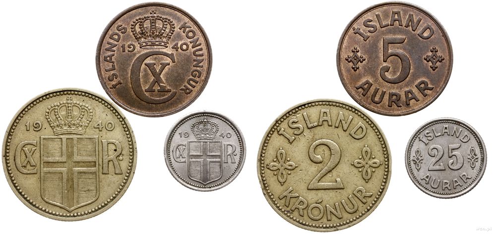 Islandia, zestaw: 5, 25 aurar i 2 korony, 1940