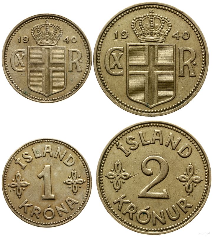 Islandia, zestaw: 1, 2 korony, 1940
