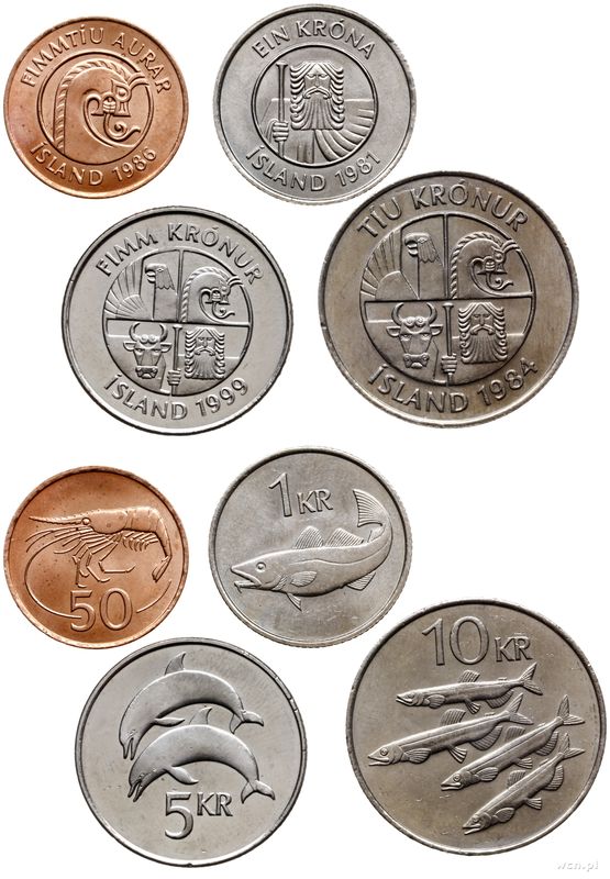 Islandia, zestaw: 50 aurar 1986, 1 korona 1981, 5 koron 1999, 10 koron 1984