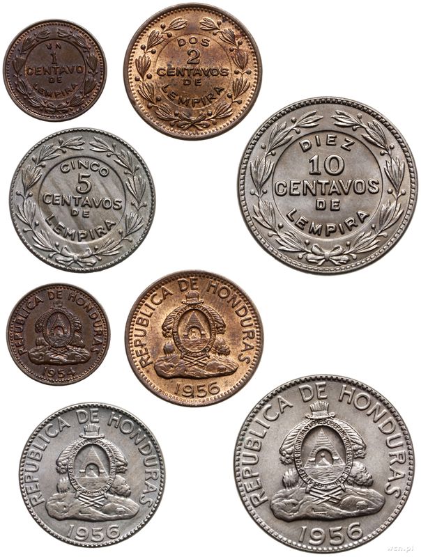Honduras, zestaw: 1 centavo 1954, 2, 5 i 10 centavos 1956