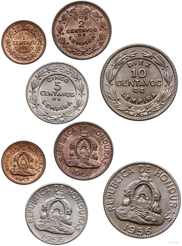 Honduras, zestaw: 1 centavo 1957, 2, 5 i 10 centavos 1956