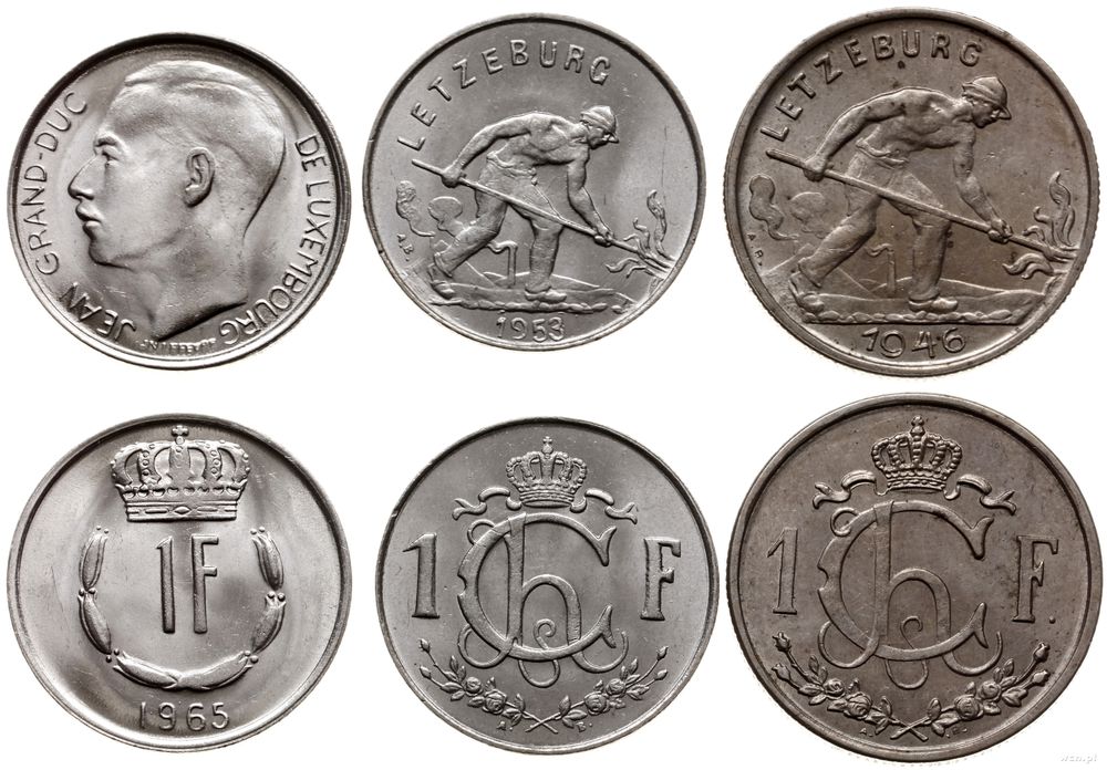 Luksemburg, zestaw: 3 x 1 frank, 1946, 1953, 1965