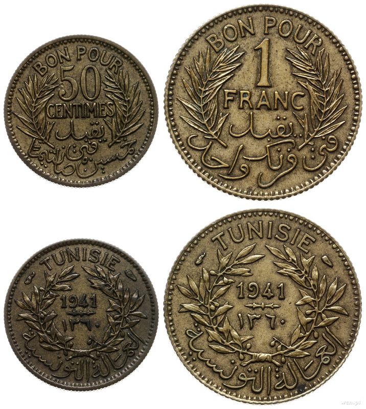 Tunezja, zestaw: 50 centimes i 1 frank, 1941 (1945)