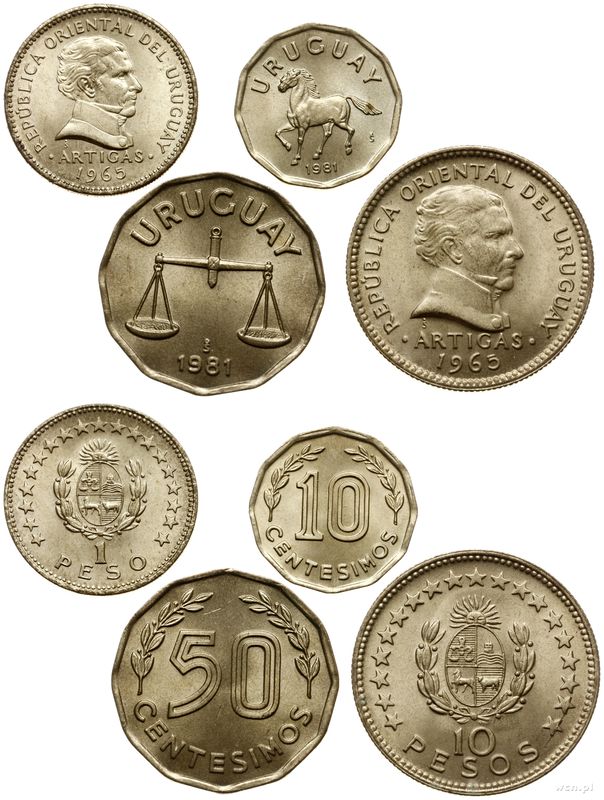 Urugwaj, zestaw: 1 i 10 peso 1965, 10 i 50 centesimos 1981
