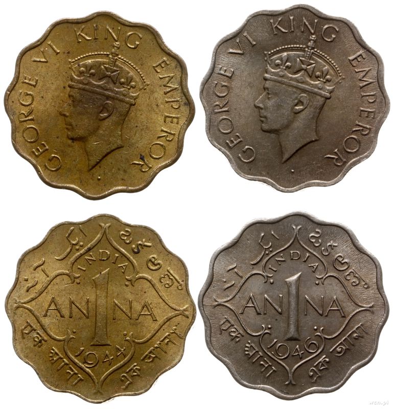 Indie, zestaw: 2 x 1 anna, 1944, 1946