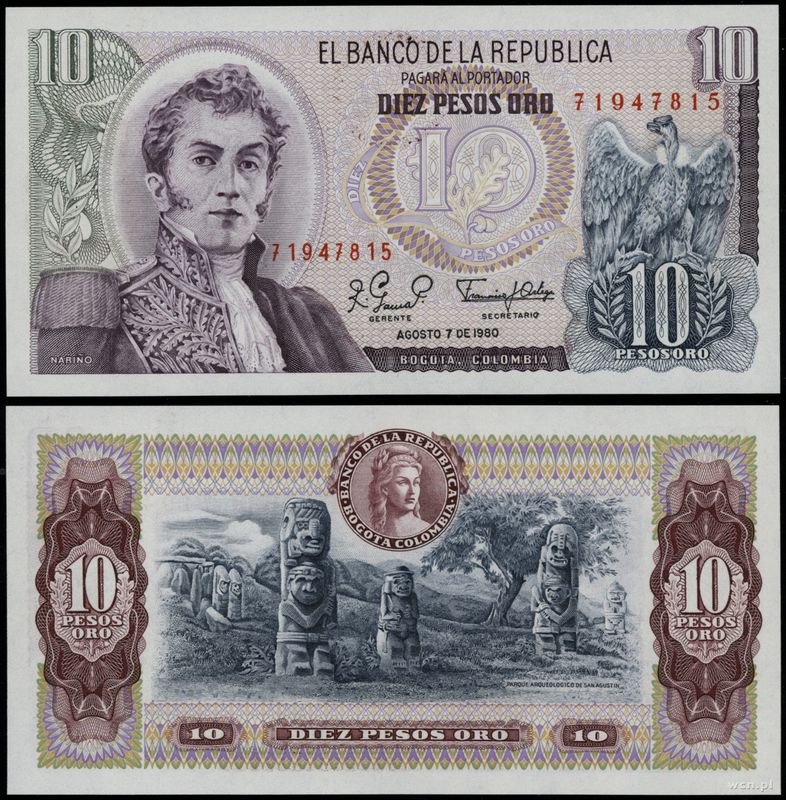 Kolumbia, 10 peso, 7.08.1980