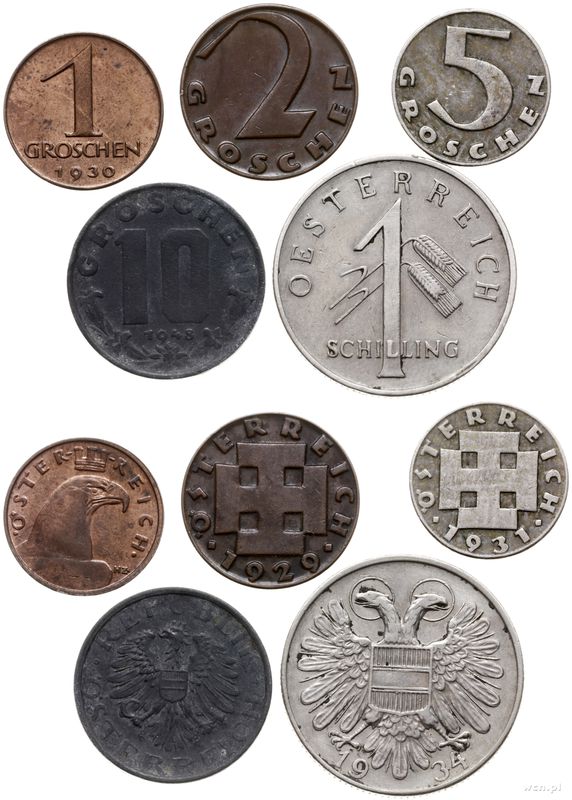 Austria, zestaw 5 monet o nominałach: