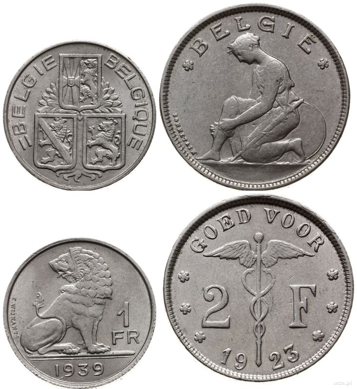 Belgia, zestaw: 2 franki 1923 i 1 frank 1939