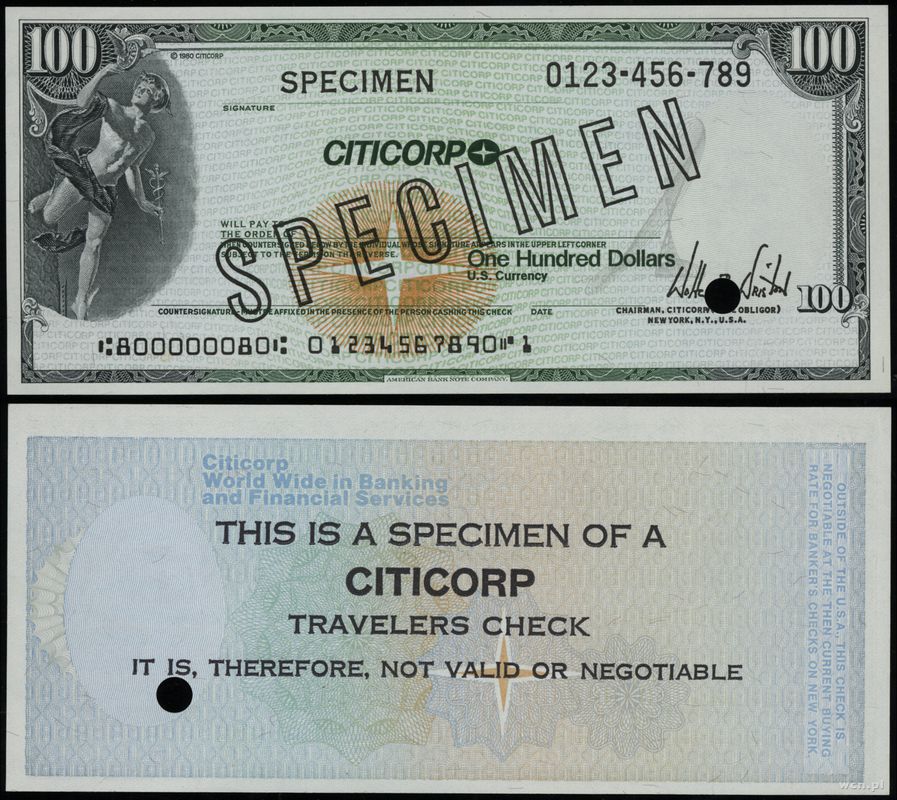 banknoty zastępcze, czek podróżny na 100 dolarów