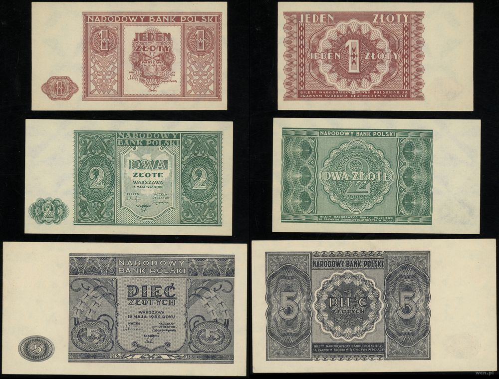 Polska, zestaw: 1 złoty, 2 złote, 5 złotych, 1946