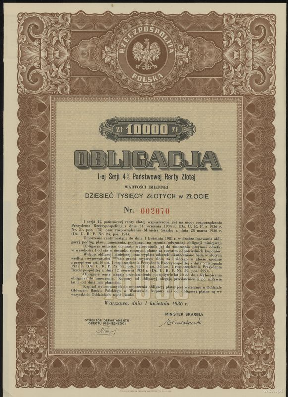 Rzeczpospolita Polska 1918-1939, obligacja I-ej serii 4% Państwowej Renty Złotej na 10.000 złotych w złocie, 1.04.1936