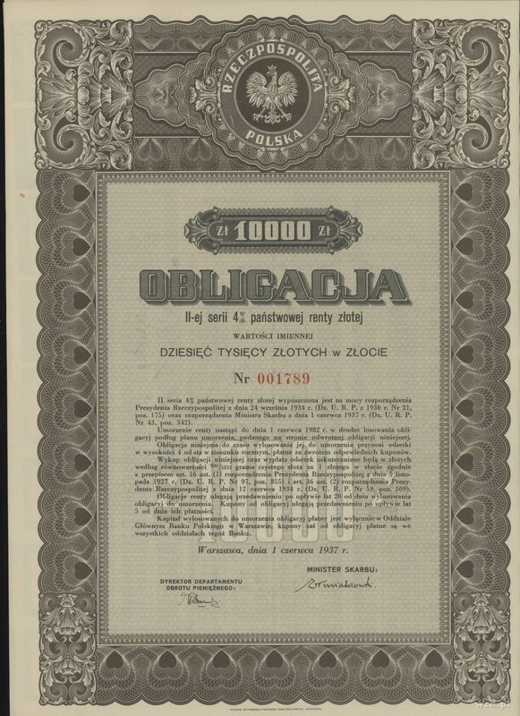 Rzeczpospolita Polska 1918-1939, obligacja I-ej serii 4% Państwowej Renty Złotej na 10.000 złotych w złocie, 1.06.1937