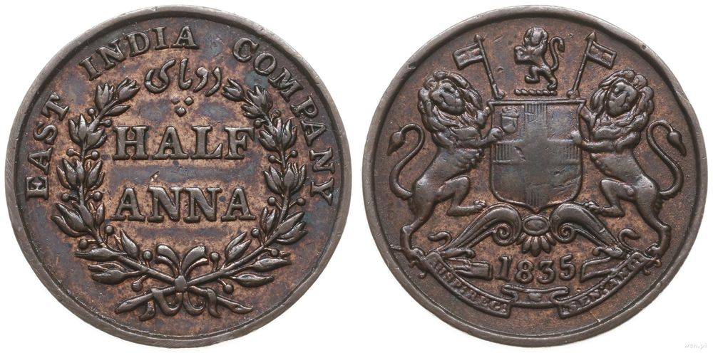 Indie, 1/2 anna, 1835