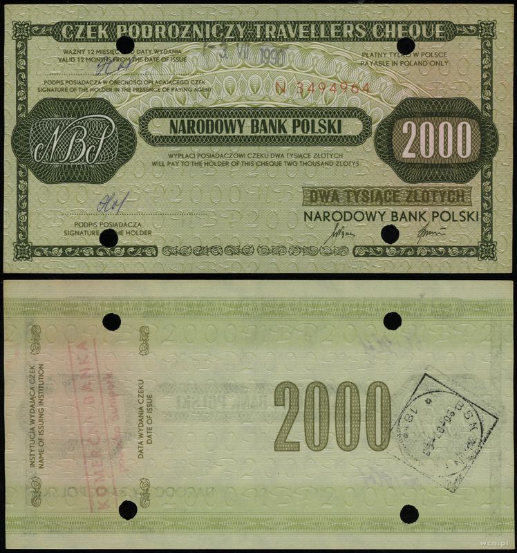 Polska, czek podróżniczy NBP o nominale 2.000 złotych, 3.07.1990