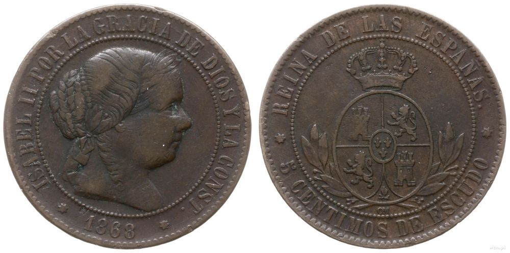 Hiszpania, 5 centymów, 1868 OM